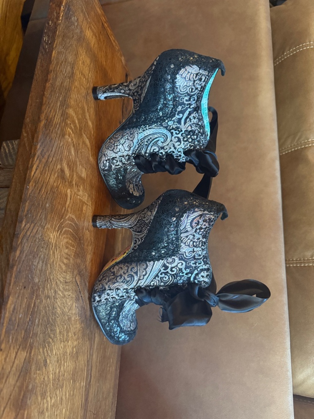 Irregular Choice Black Brocade Heeled Boots with Teal Lining - Picture 2 of 7